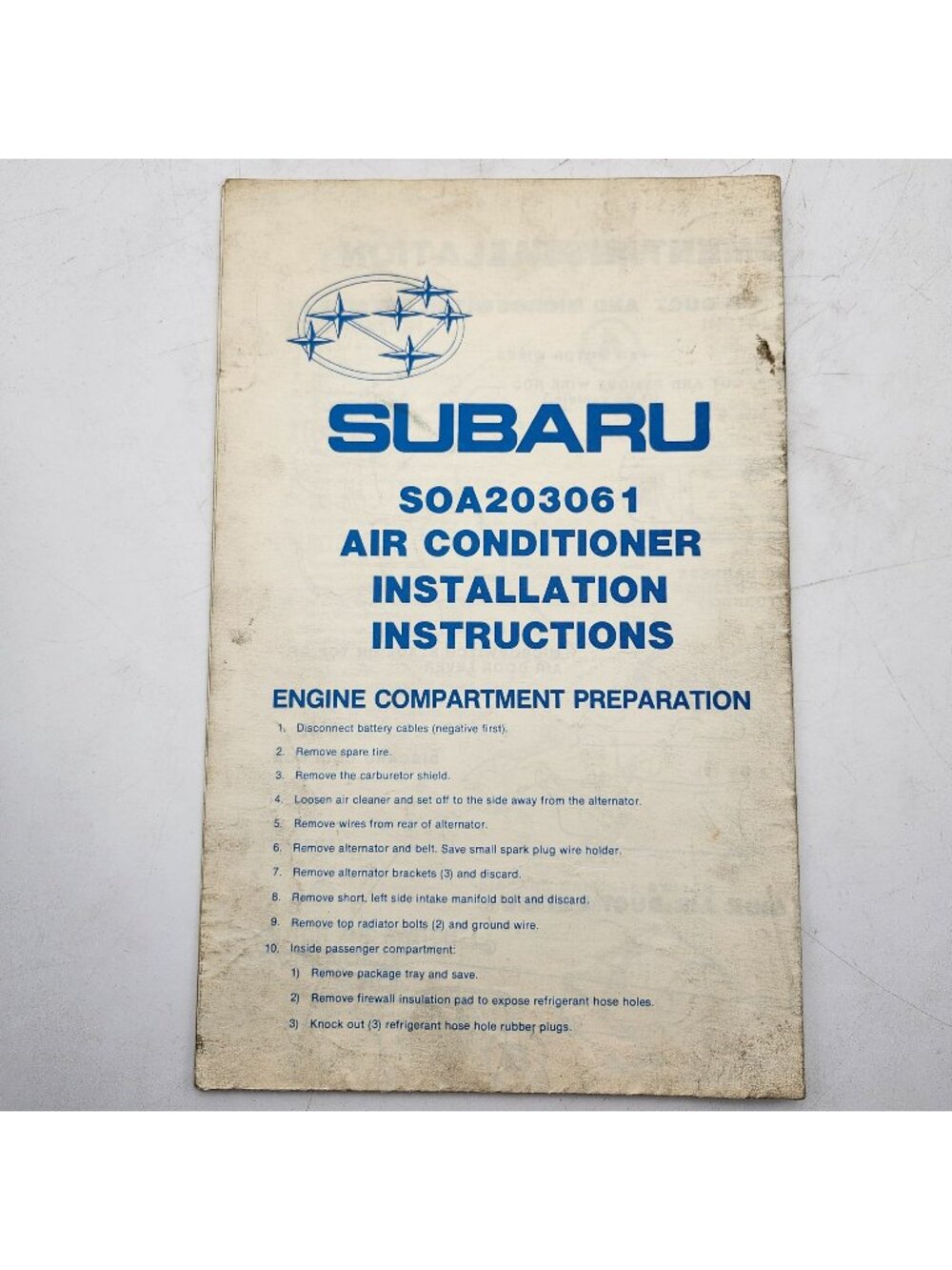 Subaru Air Conditioner Installation Instructions Manual SOA203061